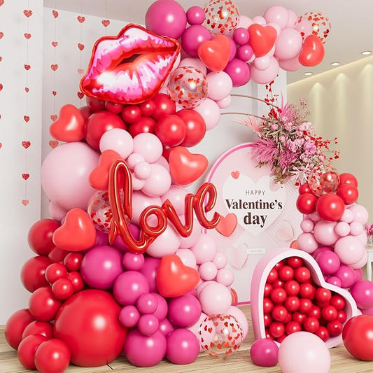 DBKL 138pcs Valentines Day balloon Garland Arch Kit, Pink Red Rose Pink Balloons with Love Lips Foil Balloons for Valentines Birthday Wedding Anniversary Party Decorations