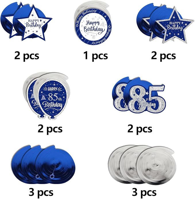 Happy 85th Birthday Blue & Silver Glitter Swirls Streamers Party Decorations - 15 Pcs 85th Birthday Hanging Swirls Streamers Kit,Perfect for 85th Bday Party Sign.