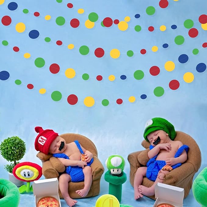 Mario Party Decorations Circle Dot Garland Red Blue Yellow Green Hanging Paper Polka Dot Streamer for Birthday Baby Shower Wedding Bridal Shower Carnival Circus Clown Fiesta Party Supplies