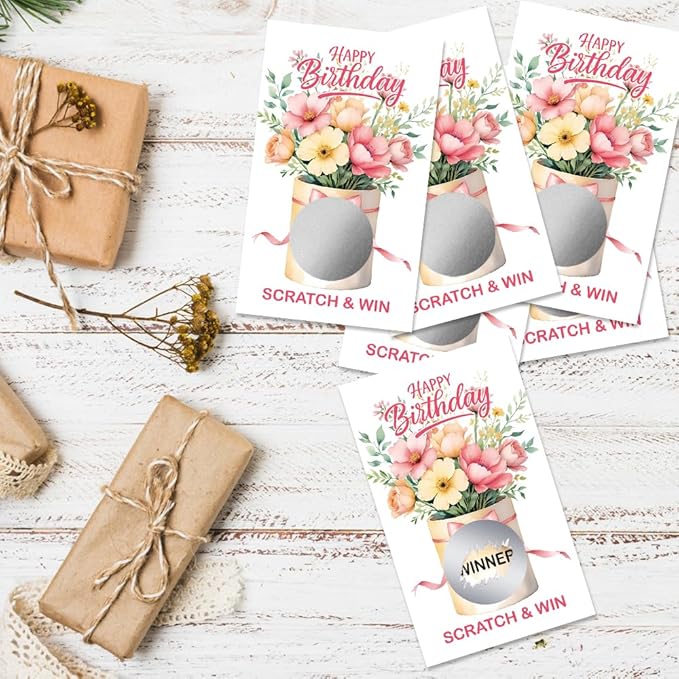 50 Pcs Happy Birthday Scratch off Game Cards, Floral Scratch Cards for Celebration Parties, Birthday Party Supplies for Flower Lovers, Lottery Group Games Activity Raffle Tickets