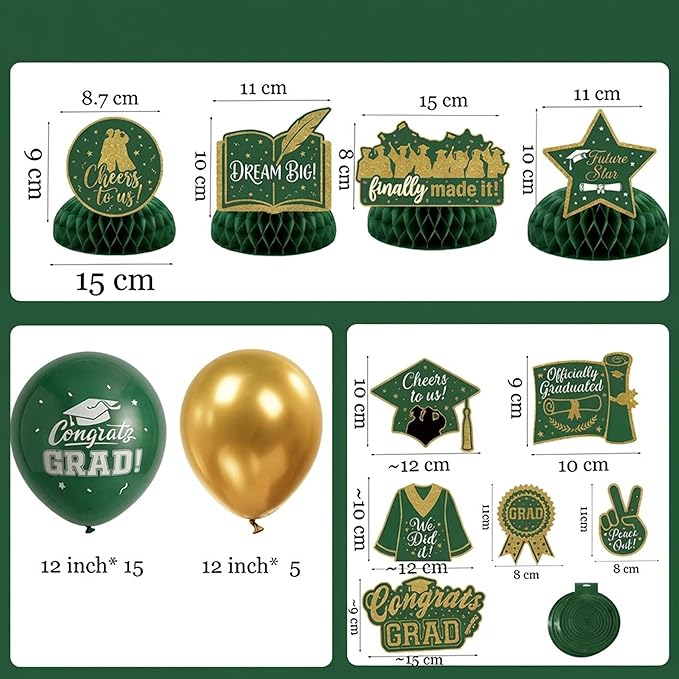Green Gold Balloons GRAD Print Balloons with Banner Table Honeycomb Centerpieces Hanging Swirl trophy star GRAD Letters Mylar Balloons for 2026 graduate Prom Decorations