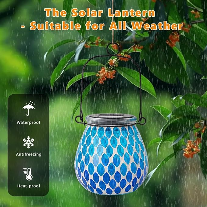 Starsoul 2 Pack Solar Lanterns Outdoor Waterproof, Elegant Blue Glass Mosaic Solar Lantern, Solar Hanging Lights Outside Patio Porch Yard Decor