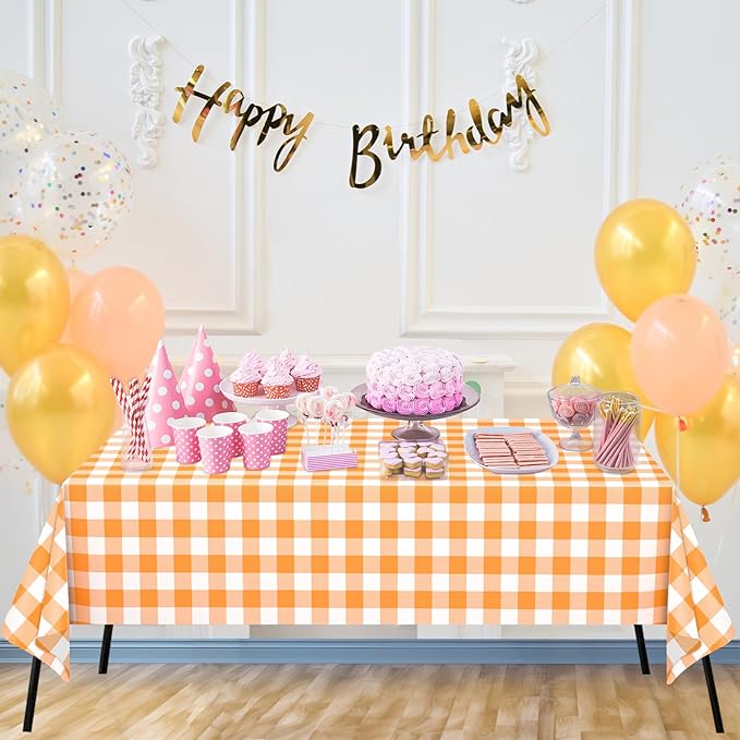 WNINK 3 Pack Orange and White Checkered Rectangular Plastic Tablecloths, Orange Gingham Waterproof Disposable Table Covers 54" x 108" for Birthday, Wedding, Outdoor Picnic Camping Parties