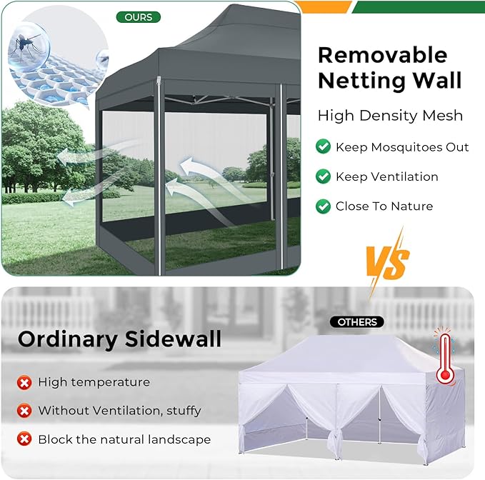 COBIZI 10x20 Heavy Duty Pop Up Canopy Tent with 6 Sidewalls, Easy Set Up Outdoor Waterproof Screen Commercial Party Tent with Mosquito Netting for Parties Backyard Patio, Roller Bag, Gray