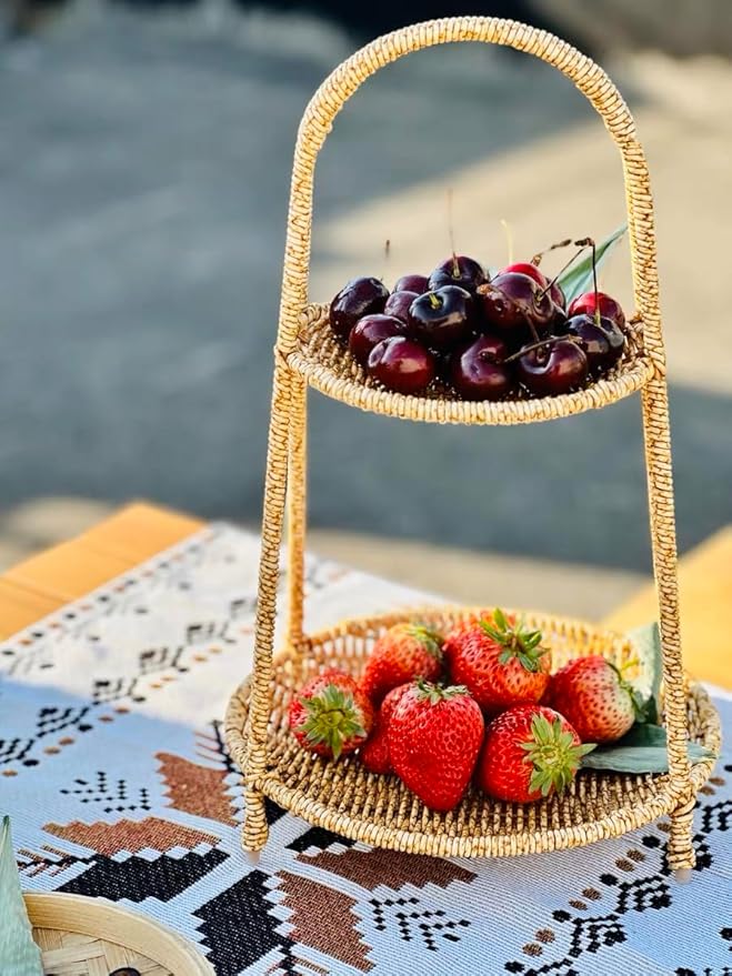 Landtom Two Tiered Rattan Serving Stand | Serving Tray for Party | Round Wooden Platter for Cupcakes, Fruits, Dessert, Tea, Dried Fruit, Candy Or Snack (Type A)