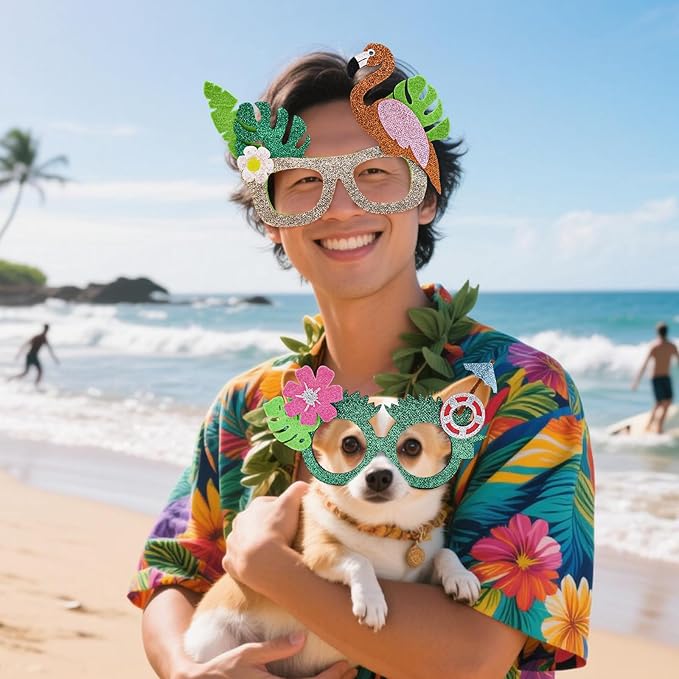 6 Pcs Hawaiian Luau Party Glasses Decor - Glitter Tropical Sunglasses Frames, Novelty Costume Eyeglasses Photo Props for Adults, Fun Summer Beach Party, Pool Party, and Vacation Decorations