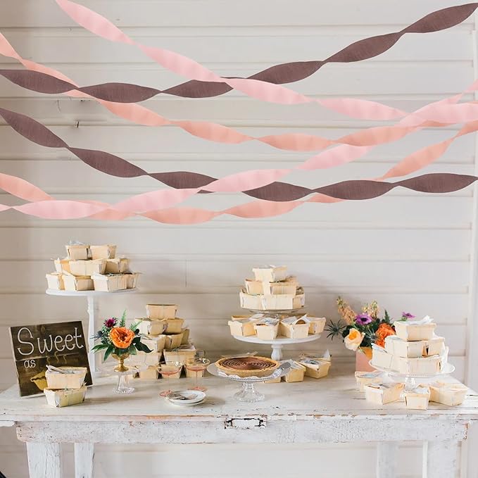 BEISHIDA 6 Rolls Rose Gold Pink Crepe Paper Streamers for Bachelorette Bridal Shower Girl Baby Shower Party Decorations Wedding Birthday DIY Craft Paper(1.8 Inch x 82 Ft/Roll)