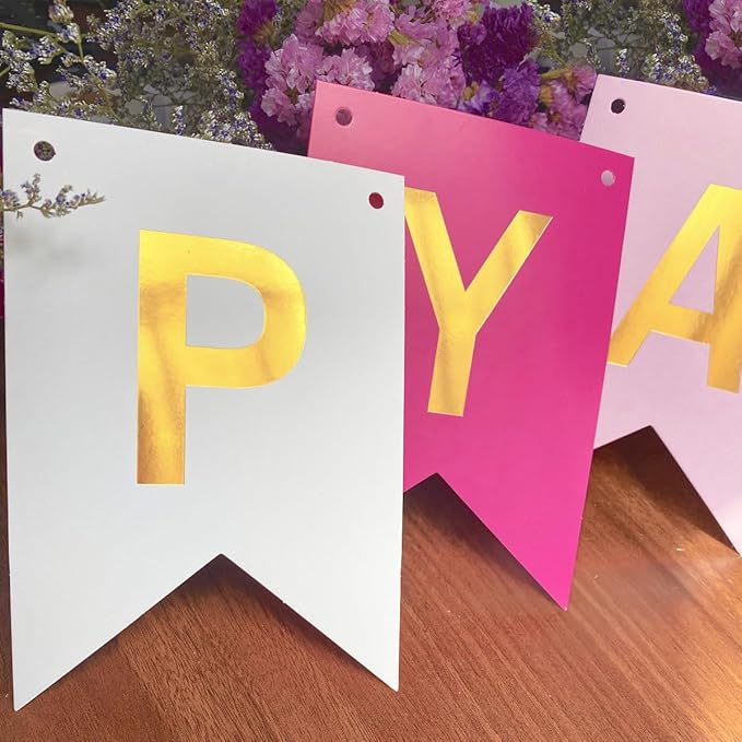 Pink Birthday Decorations, Happy Birthday Banner, 16 pcs 12 inch Balloons with 2 Ribbons for Girl and Women Party Decoration