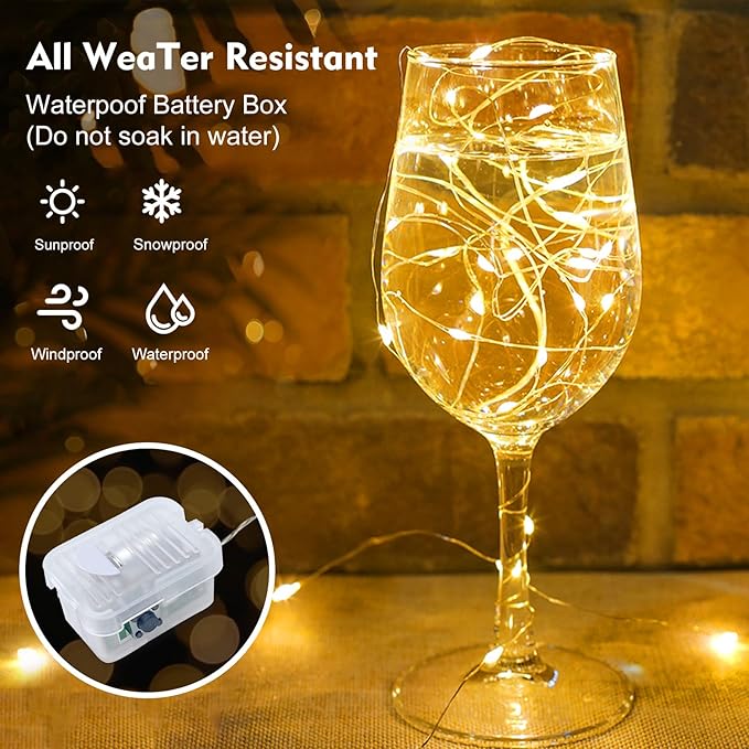 pozzolanas 50 Pack Warm White Fairy Lights Battery Operated 3 Modes 7FT 20 LED Waterproof String Lights Twinkle Silver Wire for Mason Jars Wedding Christmas Halloween Party Decor (50, Warm White)
