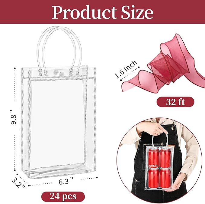 Jutieuo 24 PCS Clear Gift Bags with Handles, 6.3 x 9.8 x 3.2 Inches Reusable Plastic Goodie Bag Transparent Party Favor Bags Bulk for Weddings Birthdays Events, Classrooms & Celebrations