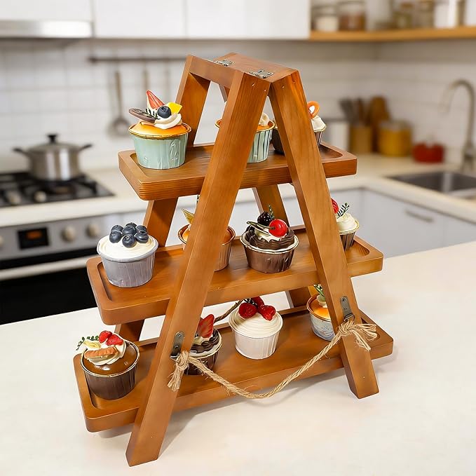 Tnstbiee Rustic 3-Tier Cupcake Stand – Elegant Wooden Dessert Display Stands for Cakes, Fruits, Nuts, Cheese - Removable– Removable Trays & Foldable Design – Ideal for Weddings, Parties & Home Events
