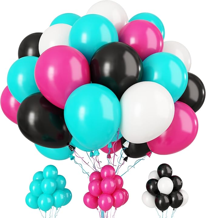 Paready Disco Music Party Balloons, 30 Pcs 12 Inch Hot Pink Black Blue and White Latex Balloons with Ribbons for 80s 90s Disco Music Party Hip Hop Theme Party Birthday DJ Short Video Party Decoration