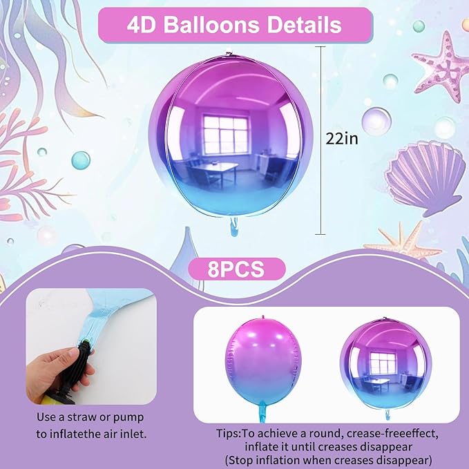 TONIFUL 8Pcs 22Inch Large Colorful Purple 4D Giant Round Foil Balloon 4D Metallic Mylar Sephere Balloons for Christmas New Year Birthday Party Graduation Wedding Bridal Shower Decoration Supplies