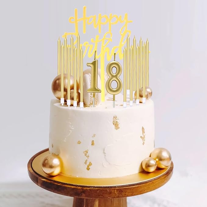 PHD CAKE 46 Pcs Gold Birthday Candles, 10 Cake Number Candles, 9 Ball Cake Toppers, 3 Birthday Cake Toppers, Party Celebration