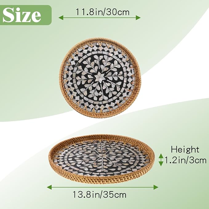 Round Rattan Tray with Mother of Pearl Inlay, Handwoven Wicker Coffee Table Serving Basket Tray for Fruit Snack Party Picnic Cafe Bedroom Kitchen Home Decor Set of 2 (Black Willow)
