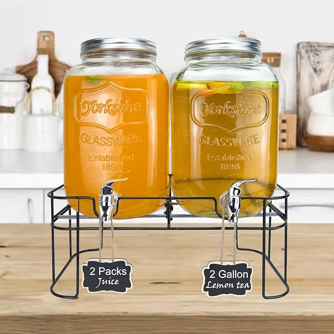 2 Gallon Larger Glass Drink Dispenser for Parties, 2 Packs Juice Lemonade Ice Tea Water Dispenser with Stand, HENABLE Beverage Dispensers with Spigot for BBQ, Picnic, Party