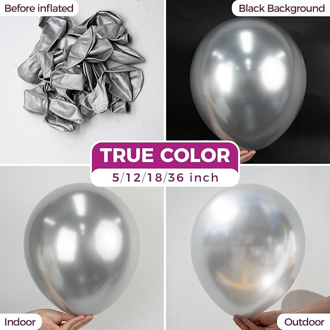 Bezente Silver Metallic Chrome Latex Balloons, 100 Pack 12 inch Silver Round Helium Balloons for Graduation Wedding Retirement Bridal Shower Birthday Bachelorette Engagement Party Decorations