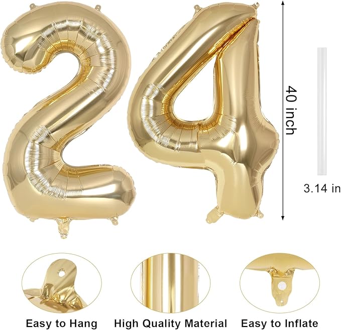 Champagne Gold Large Number 24 Balloon, 40 Inch Light Gold Foil Helium Number Balloons, Giant Mylar Number 24 Balloons for 24 Years Old Birthday Party Anniversary Decorations (Champagne Gold 24)