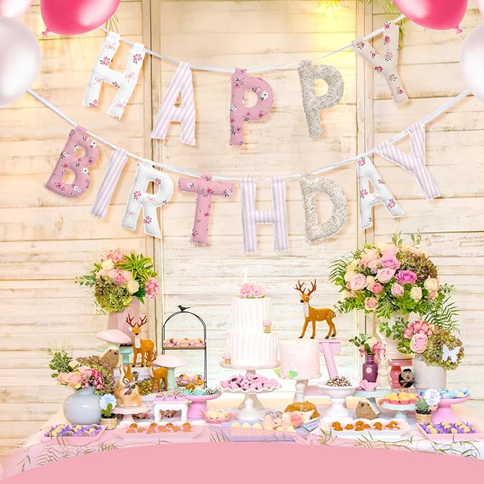 Suncalla Pre-strung Happy Birthday Banner Sign Reusable Felt Happy Birthday Garland Hanging Decorations Party Bunting Garland for Party Decor Photo Prop Home Backdrop(Floral)