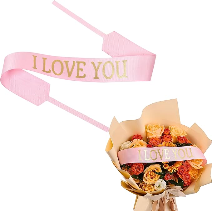 Set of 12 Bouquet Banner Grosgrain Ribbon Tie Wrap Printed Sash Florist Bulk Supply for Floral Arrangements (Pink - I Love You)