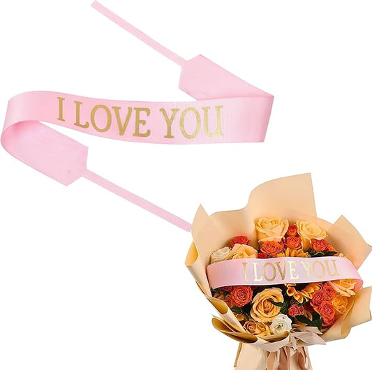 Set of 12 Bouquet Banner Grosgrain Ribbon Tie Wrap Printed Sash Florist Bulk Supply for Floral Arrangements (Pink - I Love You)