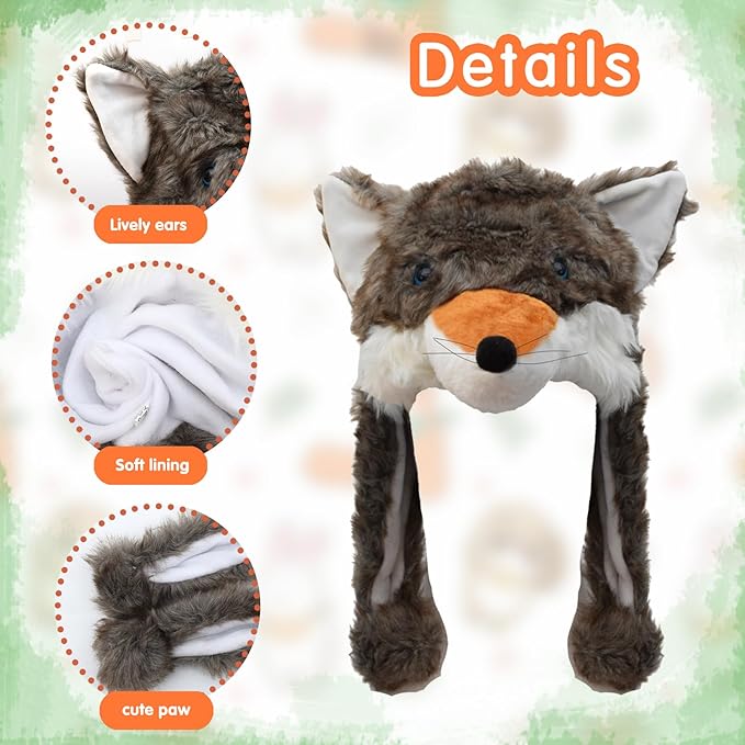 2 Pack Animal Hat Fox and Raccoon Plush Fun Jungle Animal Hats One Size Cap Polyester With Fleece Lining
