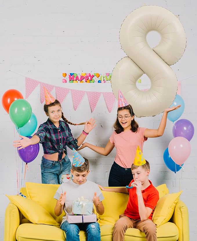 40 Inch Beige Number 8 Balloons for 8th Birthday Decorations Boys Girl, Giant Self-Sealing Cream Foil Number 0-10 White Sand Balloon for Women Men Party Anniversary Baby Shower Supplies