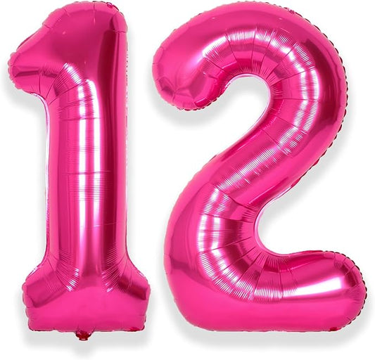 SUWEN 40 Inch Hot Pink Large 12 Number Balloons Big Foil Helium Number Balloons 0-9 Jumbo Happy 12th Mylar Birthday Party Decorations for Girl or Women 21 Anniversary Party Supplies