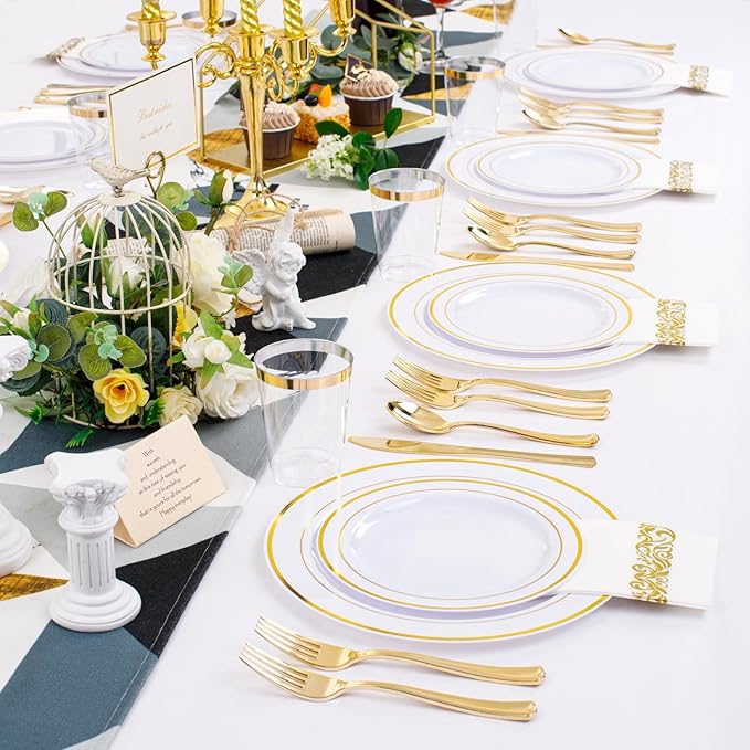 350 Pieces White and Gold Plastic Plates - 50 Guest Dinnerware Set Include 100 Plates, 50 Gold Plastic Silverware, 50 Paper Napkins and 50 Cups for Wedding/Baby Shower/Spring/Birthday/Mother's Day