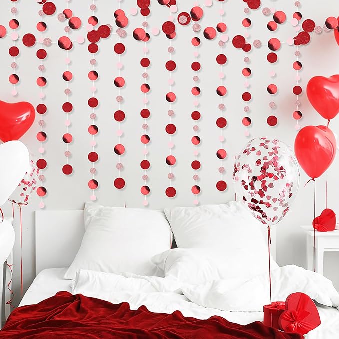 Outus 10 Pieces Red,Pink Round Dots Garland Graduation Party Hanging Decor Each Length 13.1ft Glitter Paper Dot Streamers for Birthday Wedding Classroom Supplies