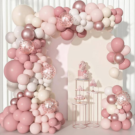 Ouddy Life 156Pcs Boho Blush Pink Balloons Arch Garland Kit, Retro Dusty Pink Mother's Day Balloons Nude Rose Gold Confetti for Girls Baby Shower Weddings Birthday Bachelorette Party Decorations