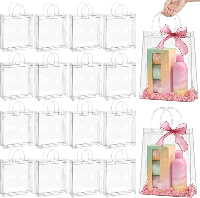 Jutieuo 24 PCS Clear Gift Bags with Handles, 10.2 x 11.8 x 3.2 Inches Reusable Plastic Goodie Bag Transparent Party Favor Bags Bulk for Weddings Birthdays Events, Classrooms & Celebrations