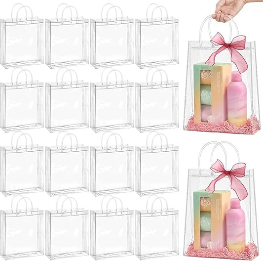 Jutieuo 24 PCS Clear Gift Bags with Handles, 10.2 x 11.8 x 3.2 Inches Reusable Plastic Goodie Bag Transparent Party Favor Bags Bulk for Weddings Birthdays Events, Classrooms & Celebrations