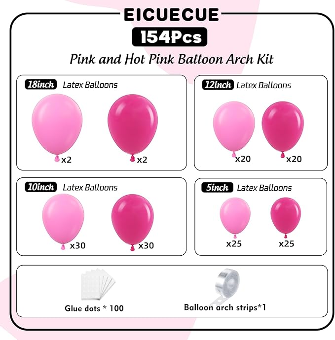 Pink Balloon Arch Kit - 154Pcs 5 10 12 18 inch Hot Pink and Pink Balloon Garland Kit for Wedding Girls Birthday Princess Theme Valentines Day Bridal Baby Shower Engagement Party Decorations