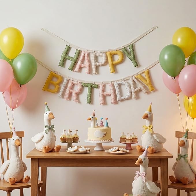 Suncalla Pre-strung Happy Birthday Banner Sign Reusable Felt Happy Birthday Garland Hanging Decorations Party Bunting Garland for Party Decor Photo Prop Home Backdrop (Silly Goose)