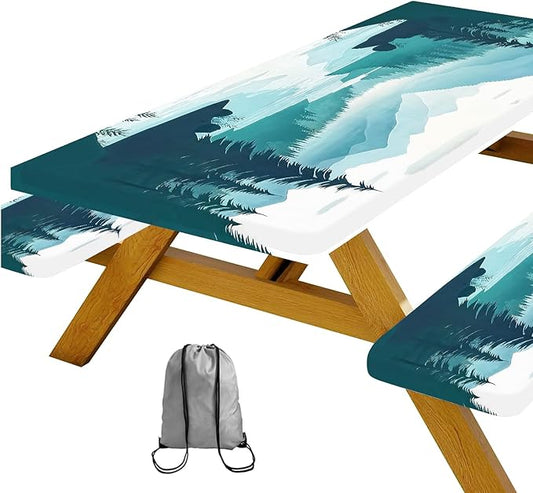 Picnic Table Cover with Bench Covers, Mountains Green Lake Tree Camping Essentials Tablecloth Fitted Rectangle Tables and Seats, Misty Landscape with Elastic Windproof Edges Picnic Table Cloth Cover