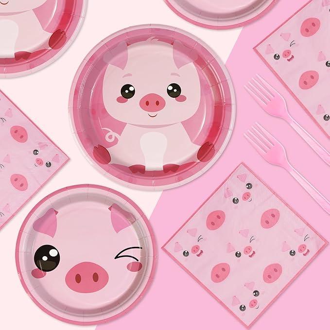 96 Pcs Pig Birthday Decorations 350 GSM Disposable Pink Pig Plates and Napkins Tableware Set Farm Animal Birthday Decorations Pig Party Supplies for Girls Piggy Theme Birthday Party Favor 24 Guests