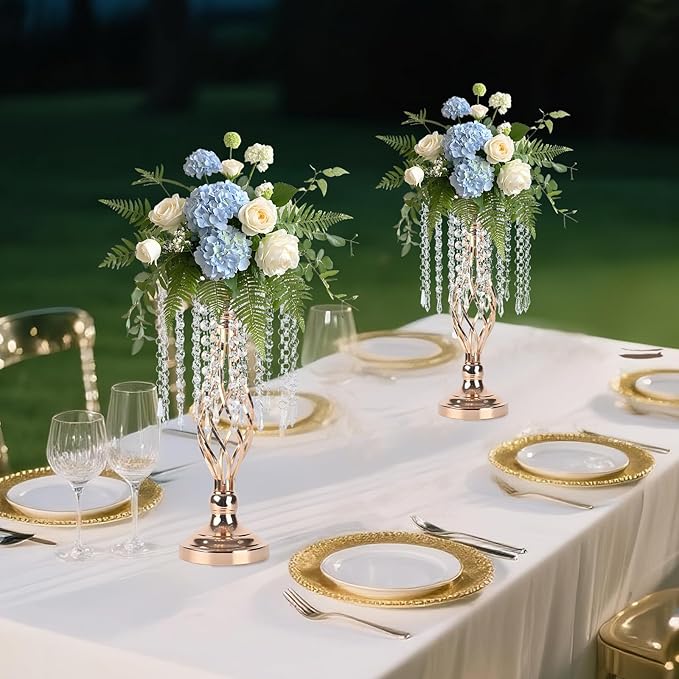 10 Pcs Crystal Flower Stand Gold Wedding Centerpieces 16.9 Inch Tall Gold Vase with Chandelier Metal Wedding Centerpiece Vase for Birthday Party Reception Festivals Party Decor (S-16.9inch)