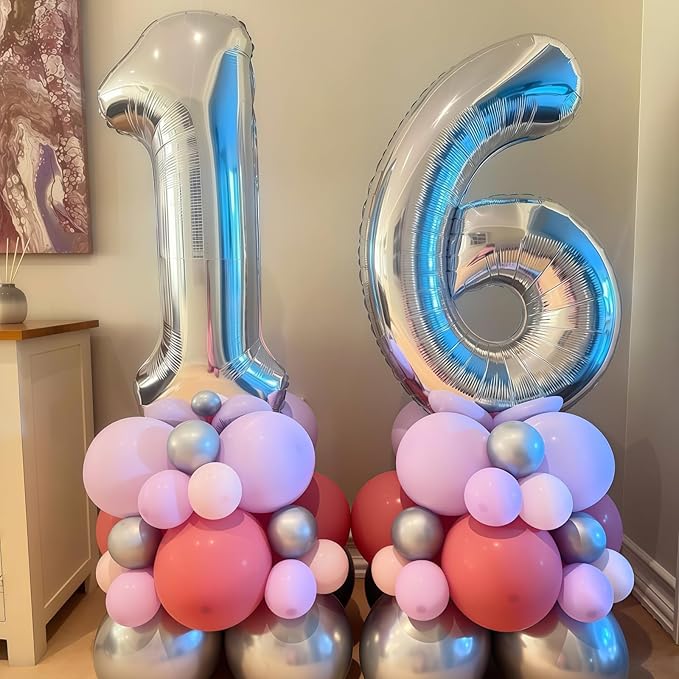 Silver 16th Birthday Balloons for Boys, 40 Inch Mylar Self Inflating 16 Balloon Number, Big Foil 1 and 6 Helium 16 Balloons for Women Men Girls Birthday Party Decorations Anniversary Decor Supplies