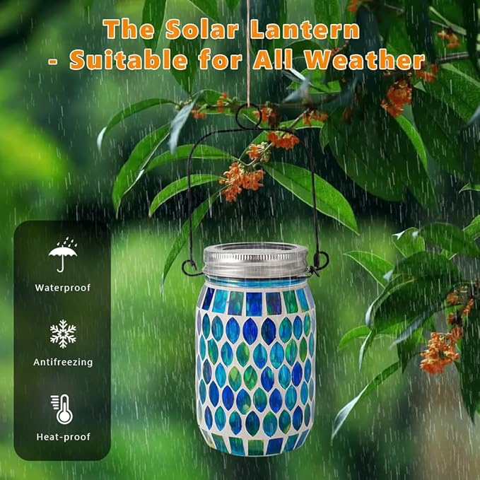 Starsoul 4 Pack Solar Lanterns Outdoor Waterproof, Decorative Teal Mosaic Glass Outdoor Lantern, Hanging Solar Garden Lights for Outside Pathway Patio Porch Yard Table, Gifts for Women Mom Grandma