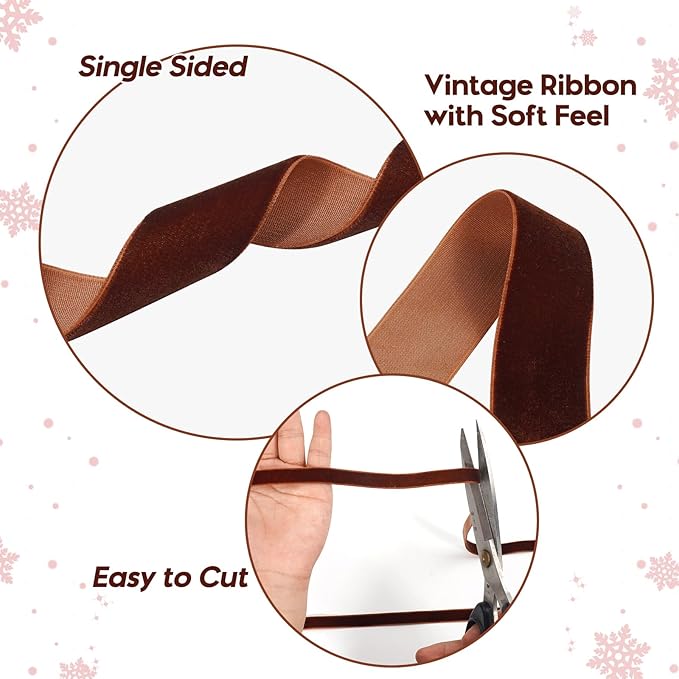 Brown Velvet Ribbon for Gift Wrapping, 3 Rolls Vintage Thin Velvet Ribbon Set for Christmas Tree Decoration, 3/8, 5/8, 1 inch Wide, 30 Yards Totally, Thick Christmas Ribbons for Bow Ornaments