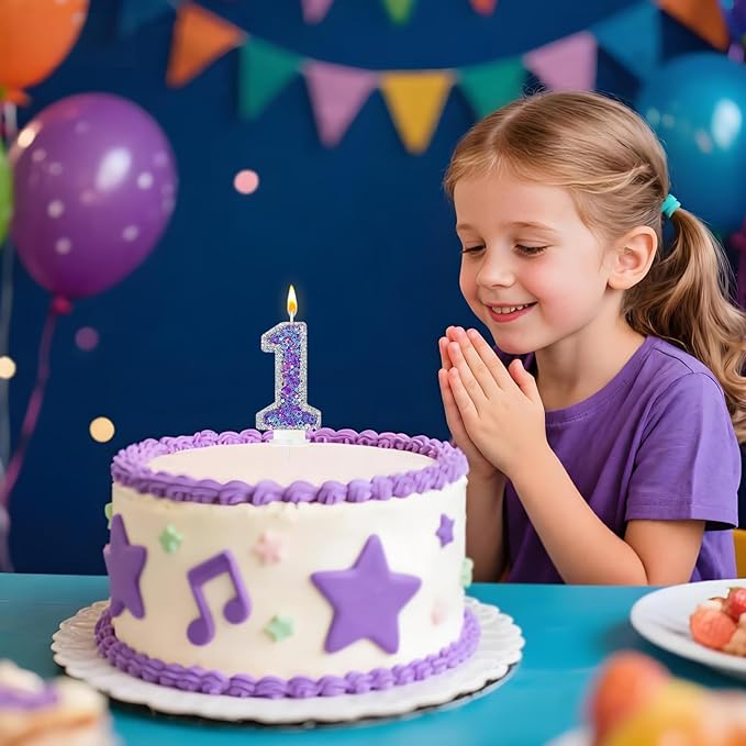K-pop Number 1 Birthday Candle, Star Glitter Filled Number Candle, Purple Silver Fantasy Cake Topper for Birthday Party Decoration