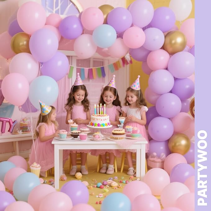 PartyWoo Pink Purple and Gold Balloons 66pcs 12 Inch Baby Pastel Light Pale Pink Purple Metallic Gold Balloons for Graduation Baby Shower Birthday Butterfly Anniversary Princess Party Decorations