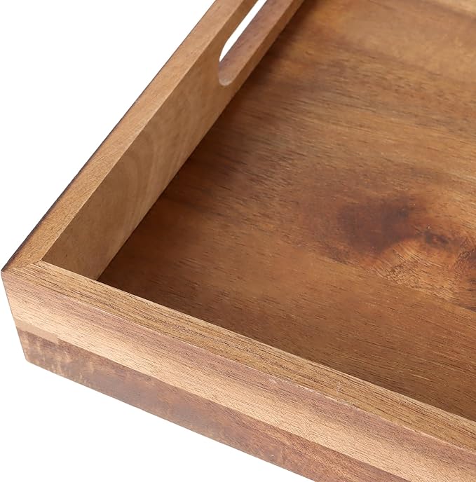 2 Pack Wood Serving Tray, 11.41 x 15.7 Inches Wooden Decorative Trays with Handles for Breakfast, Food, Drinks, Brown, Rectangle