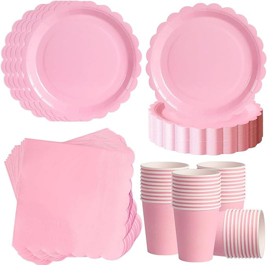 Light Pink Scalloped Party Plates Set, 120-Piece Disposable Dinnerware for 40 Guests, 7-inch Decorative Edge Paper Plates, Cups & Napkins for Baby Shower Girl, Pink Theme Party