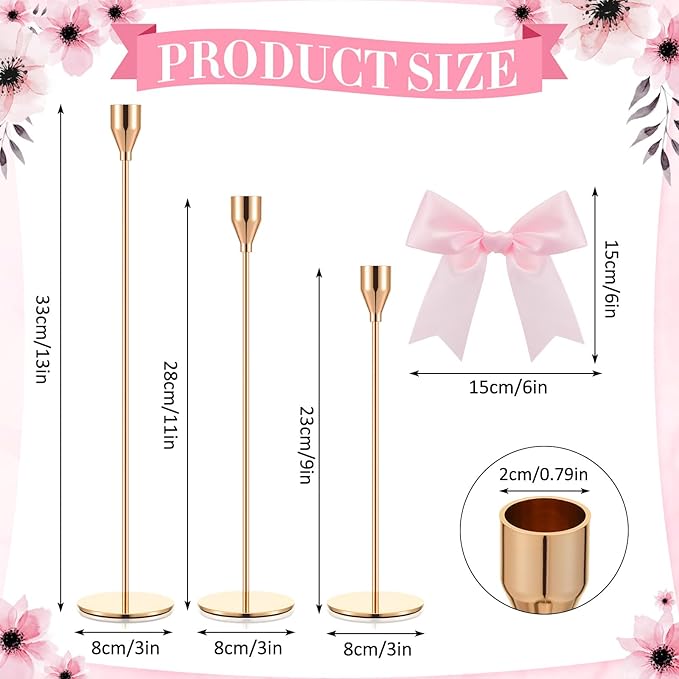 Mumufy 3 Pcs Gold Taper Candle Holder with Pink Christmas Bow Coquette Room Decor Candle Sticks Holder Fits LED Candles, Table Centerpiece Decor for Christmas Wedding Party