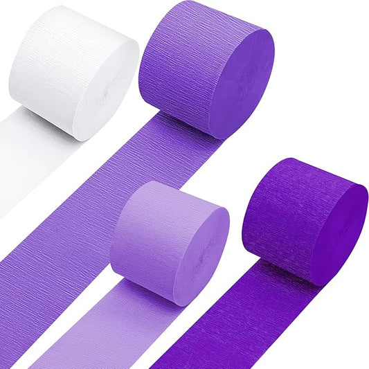 PheiLa 4 Rolls Crepe Paper Streamers Purple and White Paper Party Streamers for DIY Gift Wrapping Wedding Engagement Birthday Lavender Party Home Decoration, 1.77 Inch x 82 Ft/Roll, 328ft