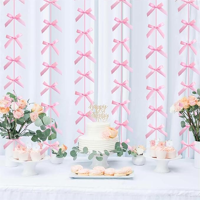 Pink Ribbon Bow Hanging Garland for Baby Shower Pink Bow Party Decorations Girls Bow Birthday Decoration Tying The Knot Bridal Shower Party Room Décor 6pcs