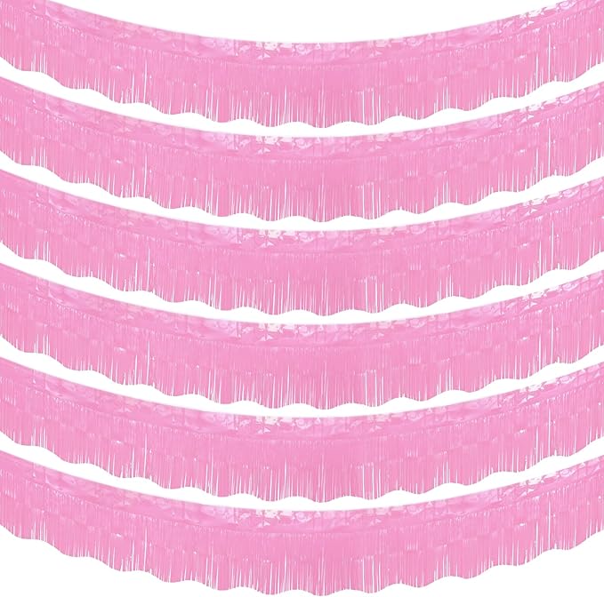 LOLStar 6 Pack Macaron Pink Tinsel Foil Fringe Garland Birthday Party Decorations, 59Ft Tinsel Streamers Banner, Hanging Tinsel Fringe Banners for Wedding Gender Reveal Bachelorette Party Decor