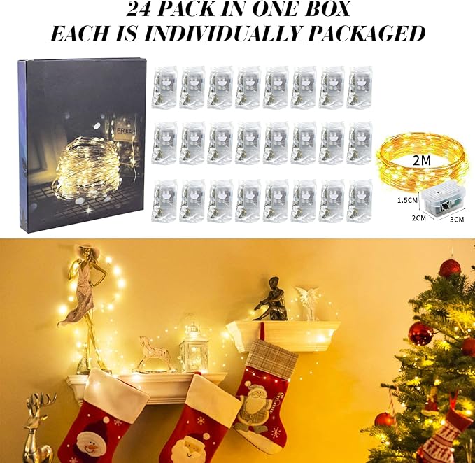24 Pack Fairy Lights Battery Operated, 7FT 20 Mini LED Fairy Lights Silver Wire Twinkle Lights for DIY, Parties, Wedding, Bedroom, Christmas Decoration (Warm White)